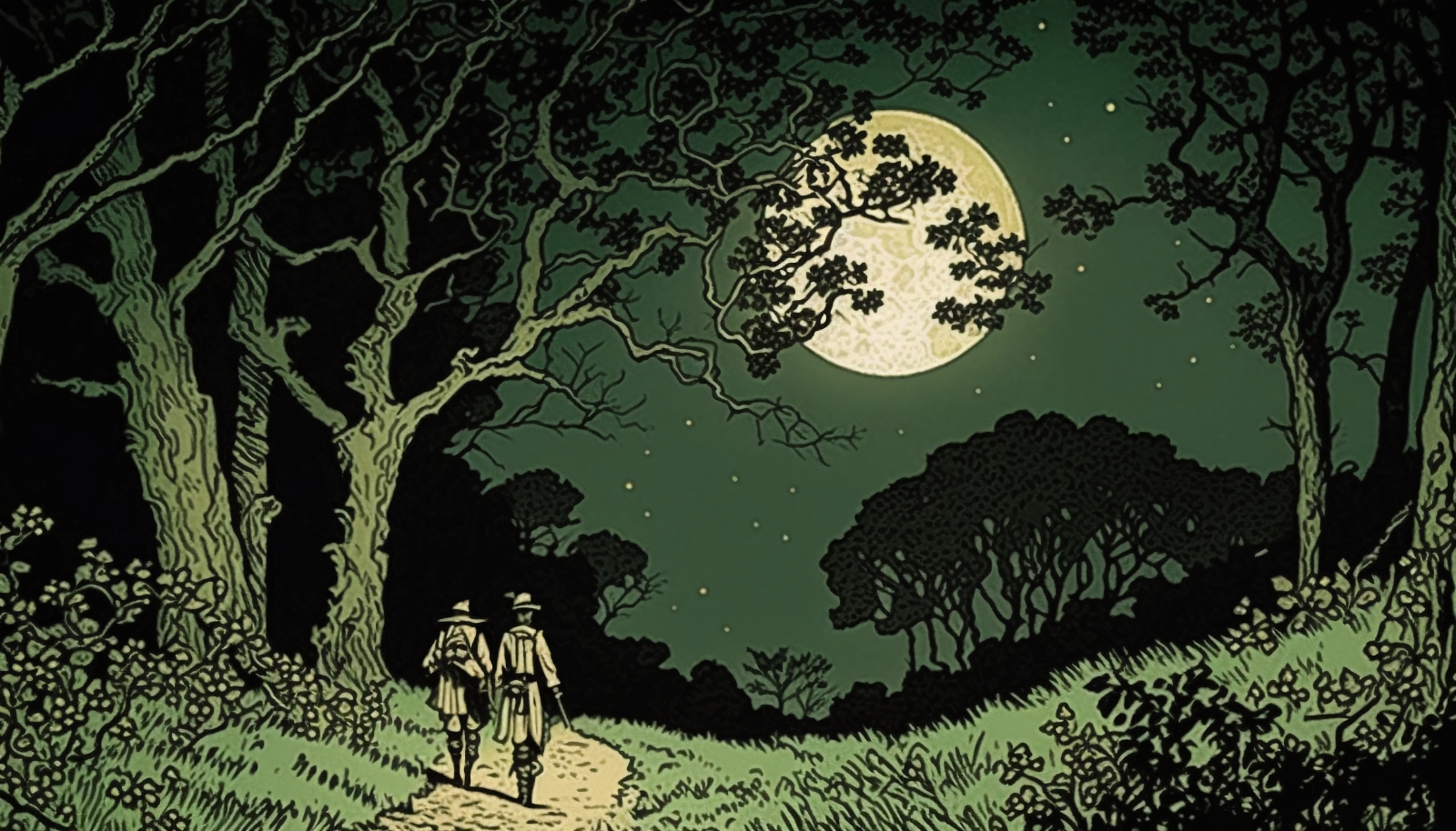 Robin Hood and Little John walking through the forest – MidJourney art