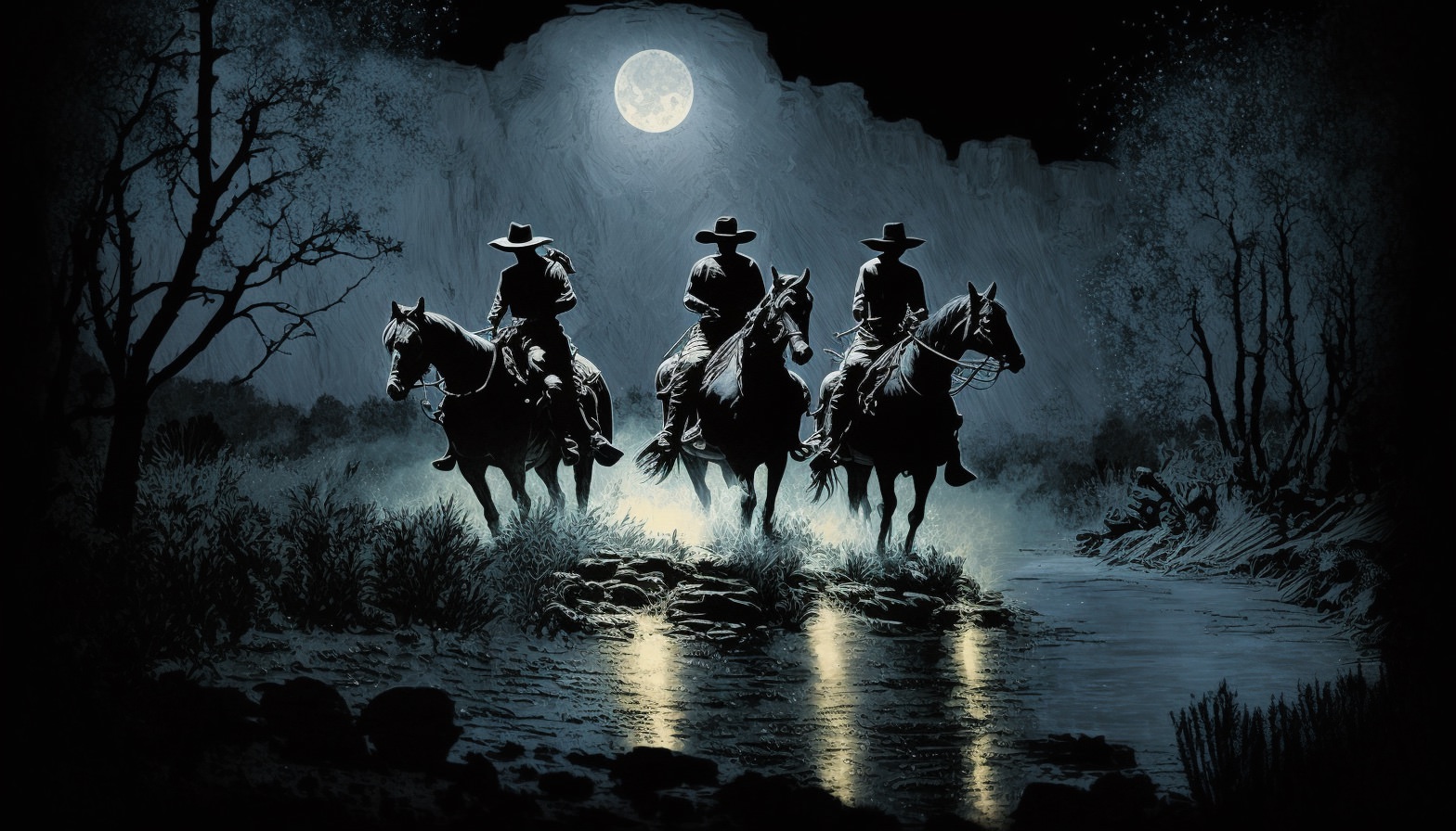 Cowboys wading a river at night